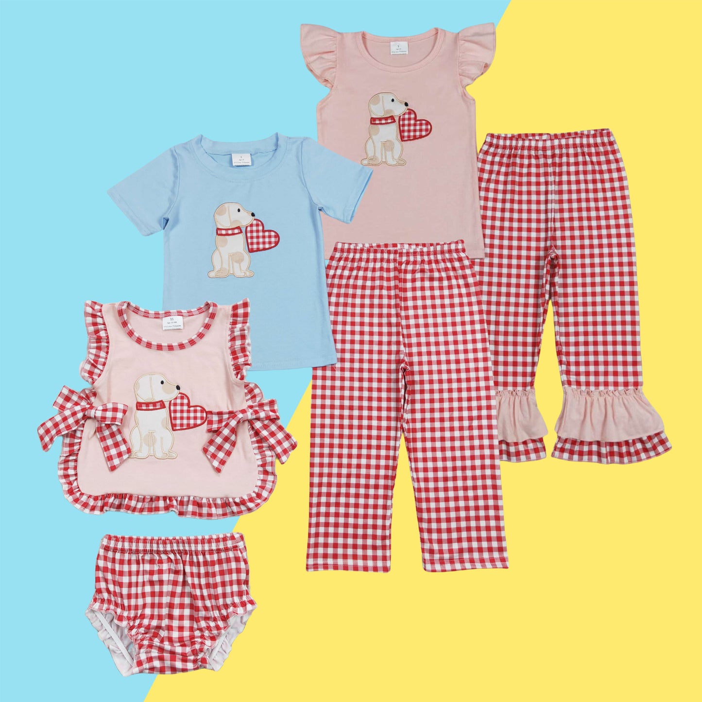 Sibling Baby Girls  Valentine's Day Dog Heart Pants Set /Bummie Set