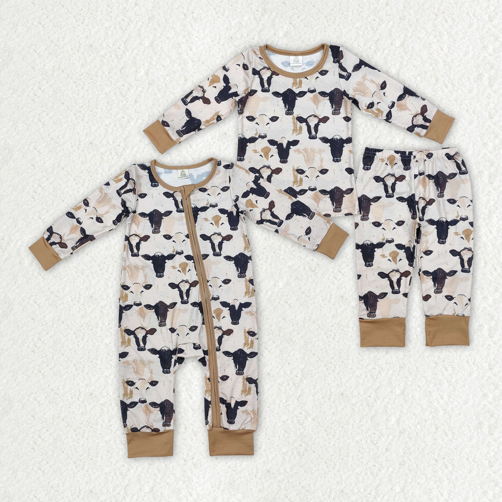 Sibling Baby Boys Western Cows Long Sleeve Pajama Ser /Zipper Romper