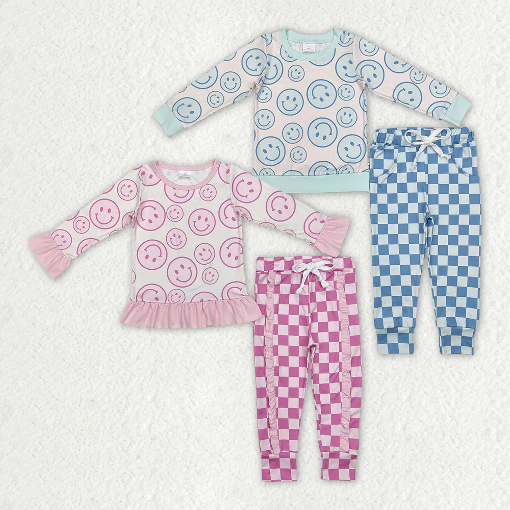 Sibling Baby Girls Boys Happy Face Top Pants Outfits Sets