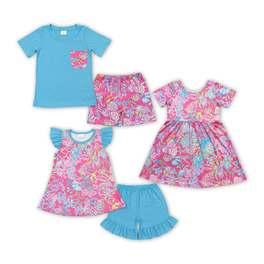 Baby Sibling Summer Shell Coral Floral Summer Clothes Set Outfit and Dress