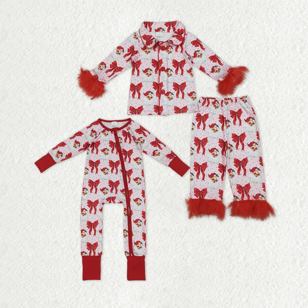 Sibling Baby Girls Red Bows Santa Christmas Zipper Footie Rompers Button Fur Pajamas Sets