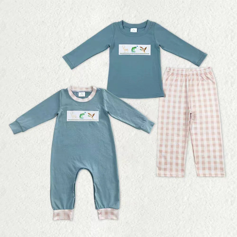 Sibling Baby Boys Embroidery Deer Fish Duck Top Gingham Pants Set /Romper