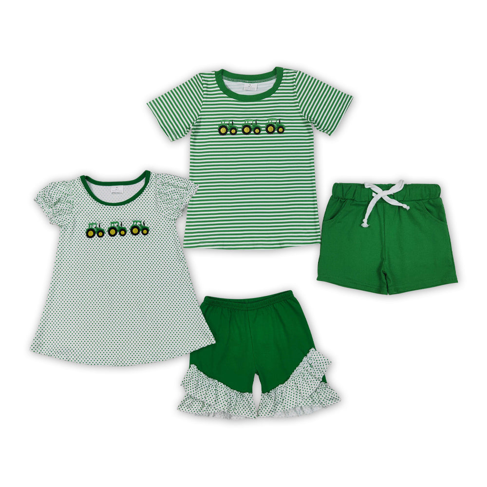 Sibling Summer Clothes Set Embroidery Farm Tractors Top Shorts Outfit