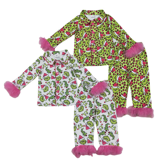 Baby Girls Sibling  Christmas Green Face Long Sleeve Pajama Set With Fur