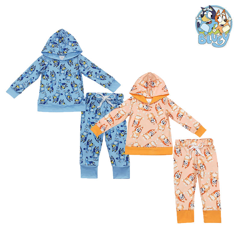 Kids Blue Sister Cartoon Dog Hoodie Top Pants Outfit