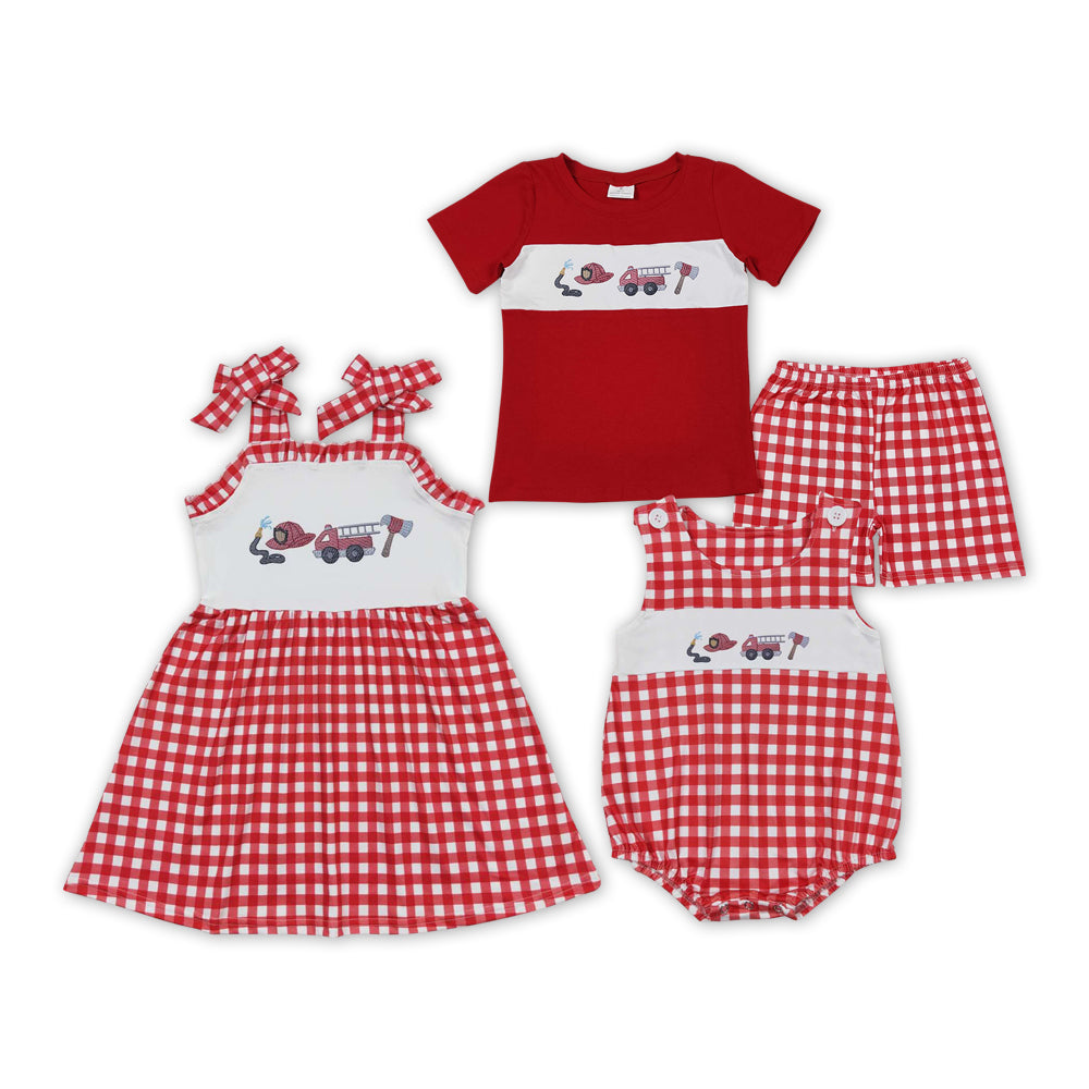 Baby Boys Girls Sibling Fire Truck Red Dresses Outfits Clothes Sets