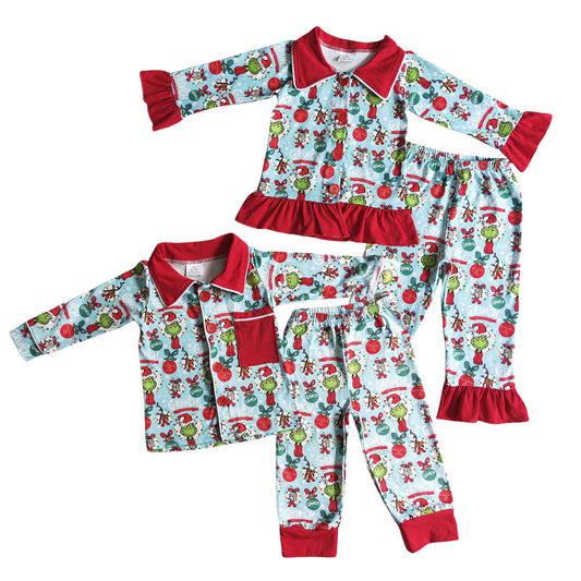 Sibling Toddler Christmas Green Face Buttons Pajama Set