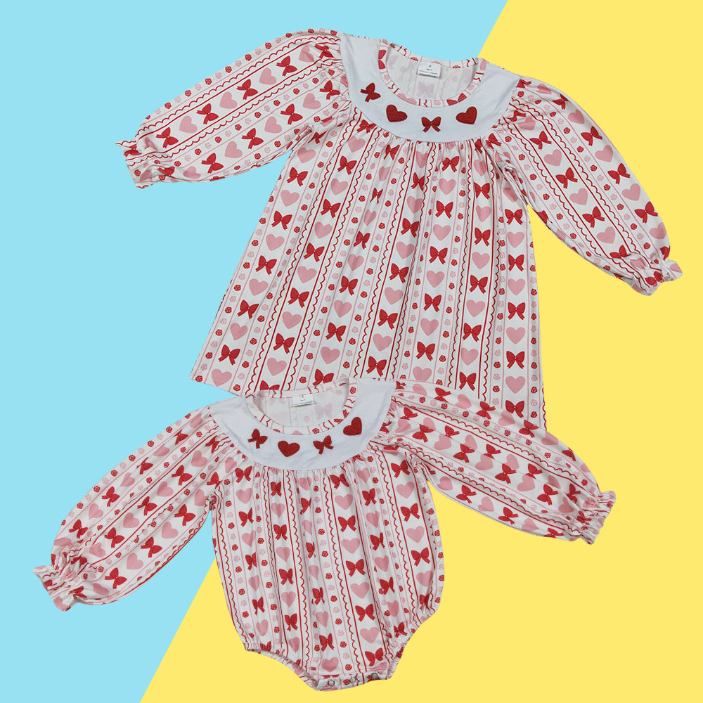 Sibling Baby Girls Valentine's Day Heart Bows Valentine's Day Dress /Bubble Romper