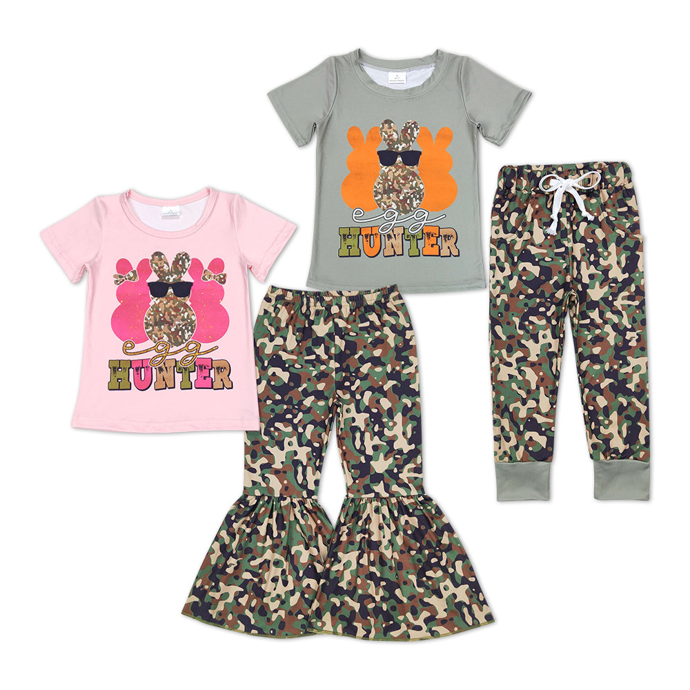 Sibling Girls Boys Easter Rabbit Hunter Shirts Tops Camo Pants Sibling Clothes Sets