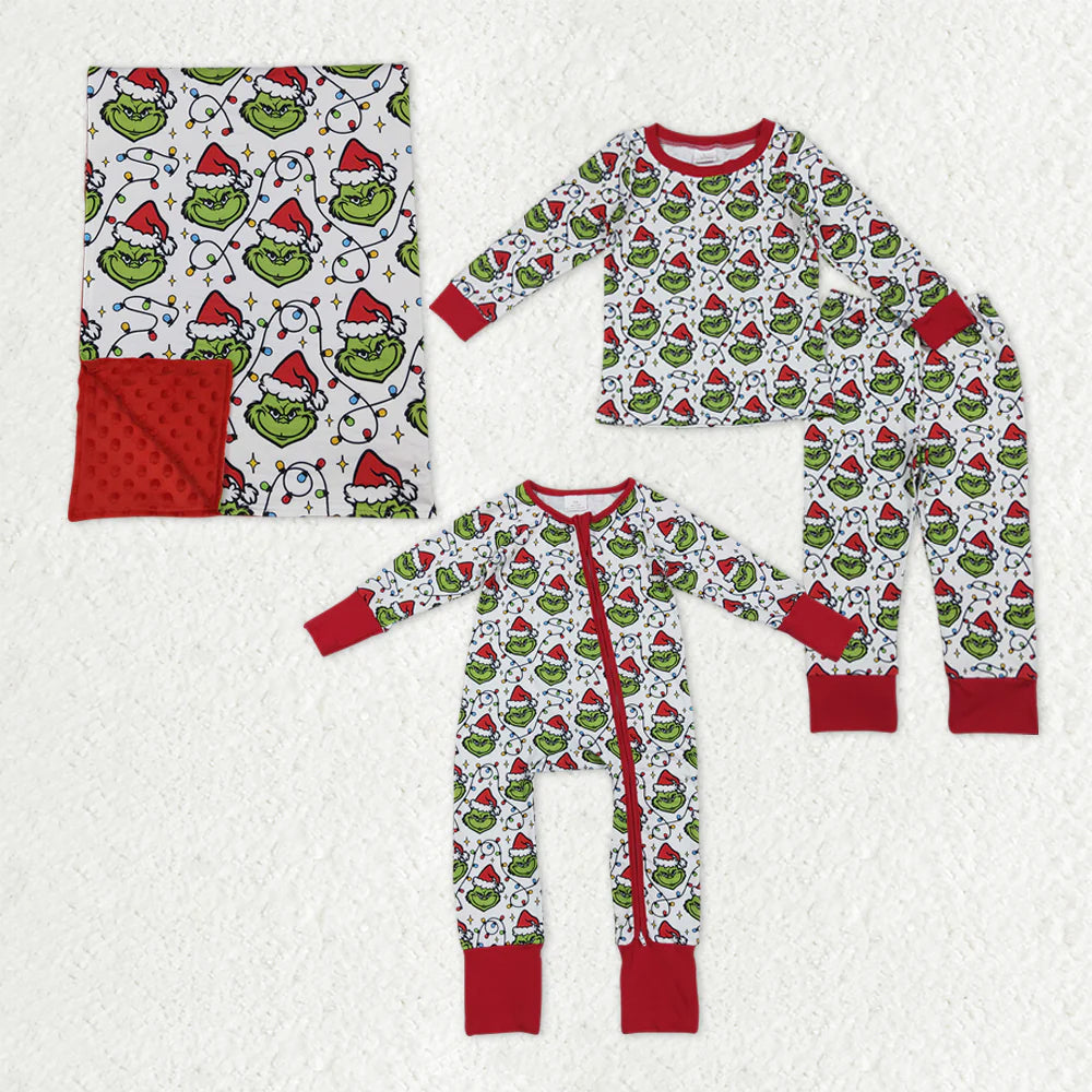 Sibling Baby Kids  Christmas Green Face Pajamas Sets Zipper Footie Rompers Blankets