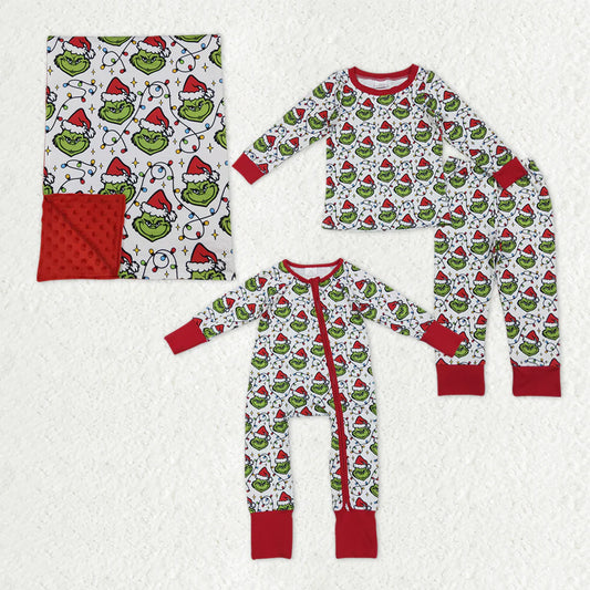 Sibling Baby Kids  Christmas Green Face Pajamas Sets Zipper Footie Rompers Blankets