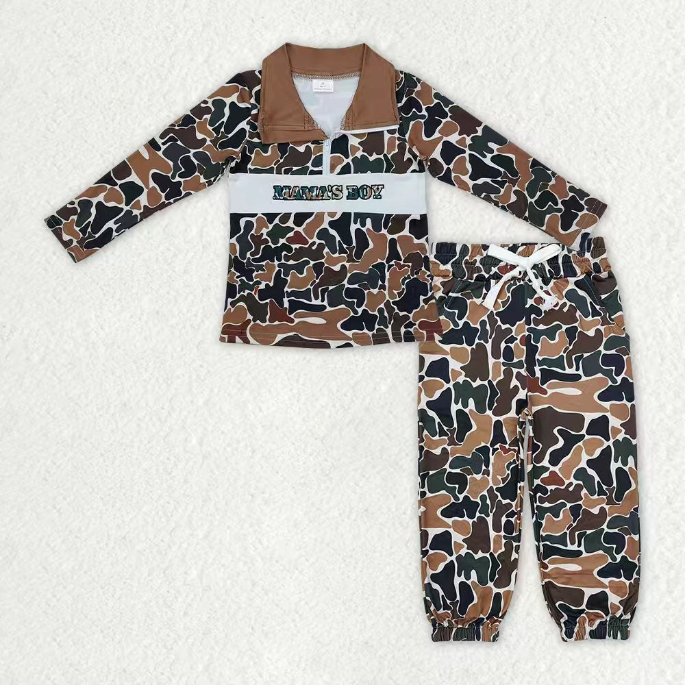 Toddler Boys Hunting Embroidery Zipper Pullover Top Camo Jogger Set