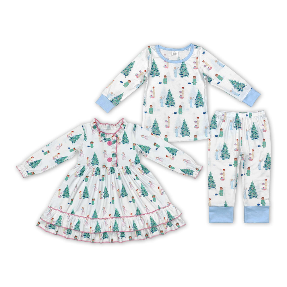 Toddler Baby Sibling Christmas Tree Pajama Set and Dress