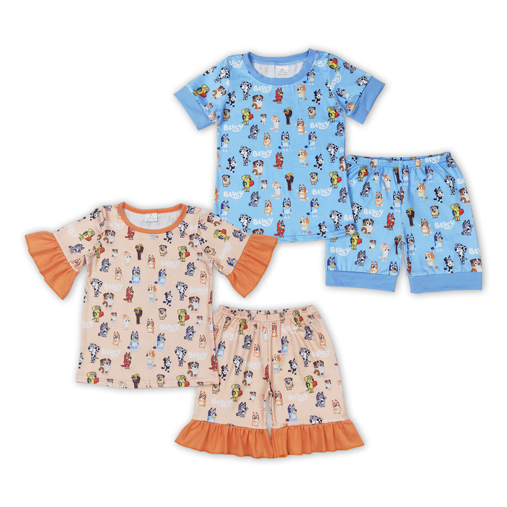 Summer Sibling Sister Brother Cartoon Dog Shorts Pajama Set