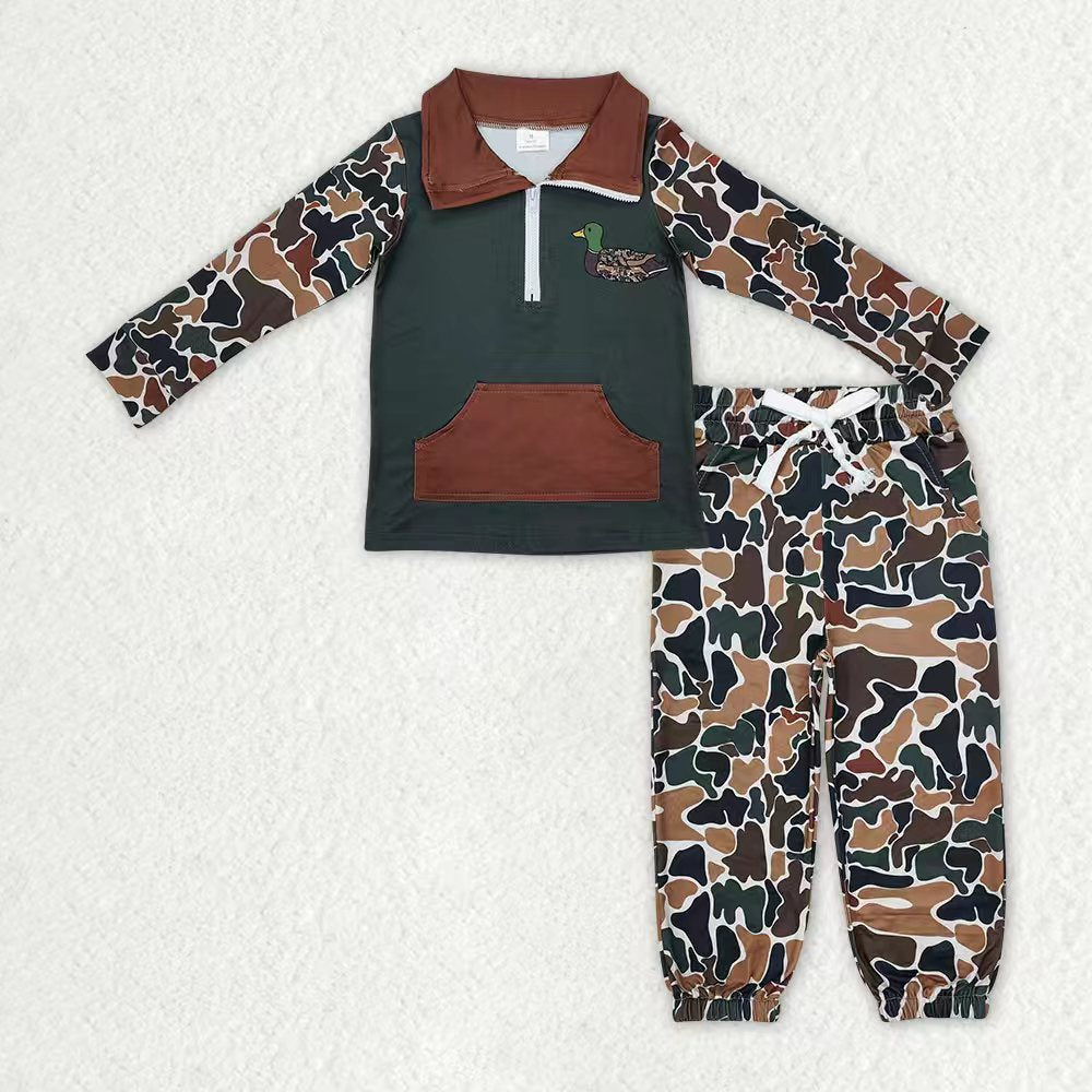 Toddler Boys Hunting Embroidery Zipper Pullover Top Camo Jogger Set