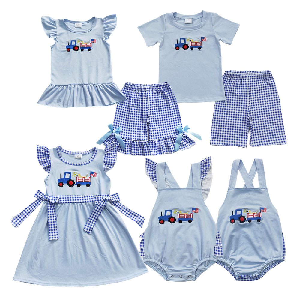 Sibling Toddler Embroidery Truck Dog Clothing 4th of July