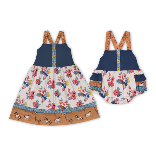 Summer Baby Girls Sibling Vintage Floral Horse Dress and Romper