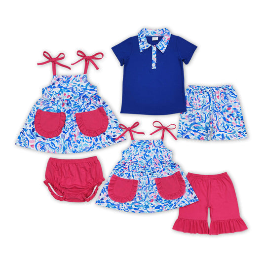 Baby Sibling Pink Blue Grasses  Summer Clothes Set