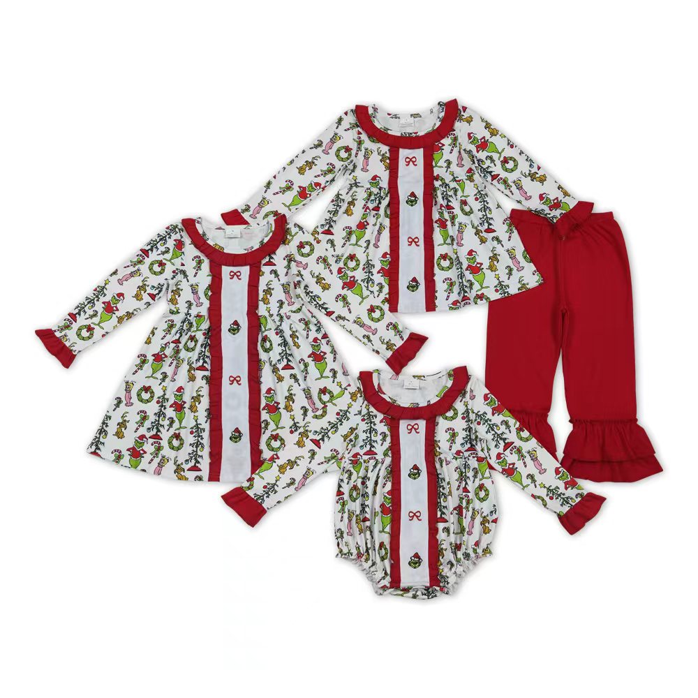 Sibling Baby Girls Christmas  Embroidery Grinc Bows Clothes Set Ruffle Romper
