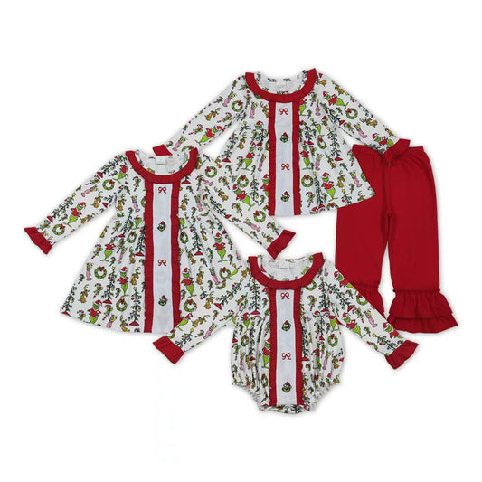 Sibling Baby Girls Christmas  Embroidery Grinc Bows Clothes Set Ruffle Romper