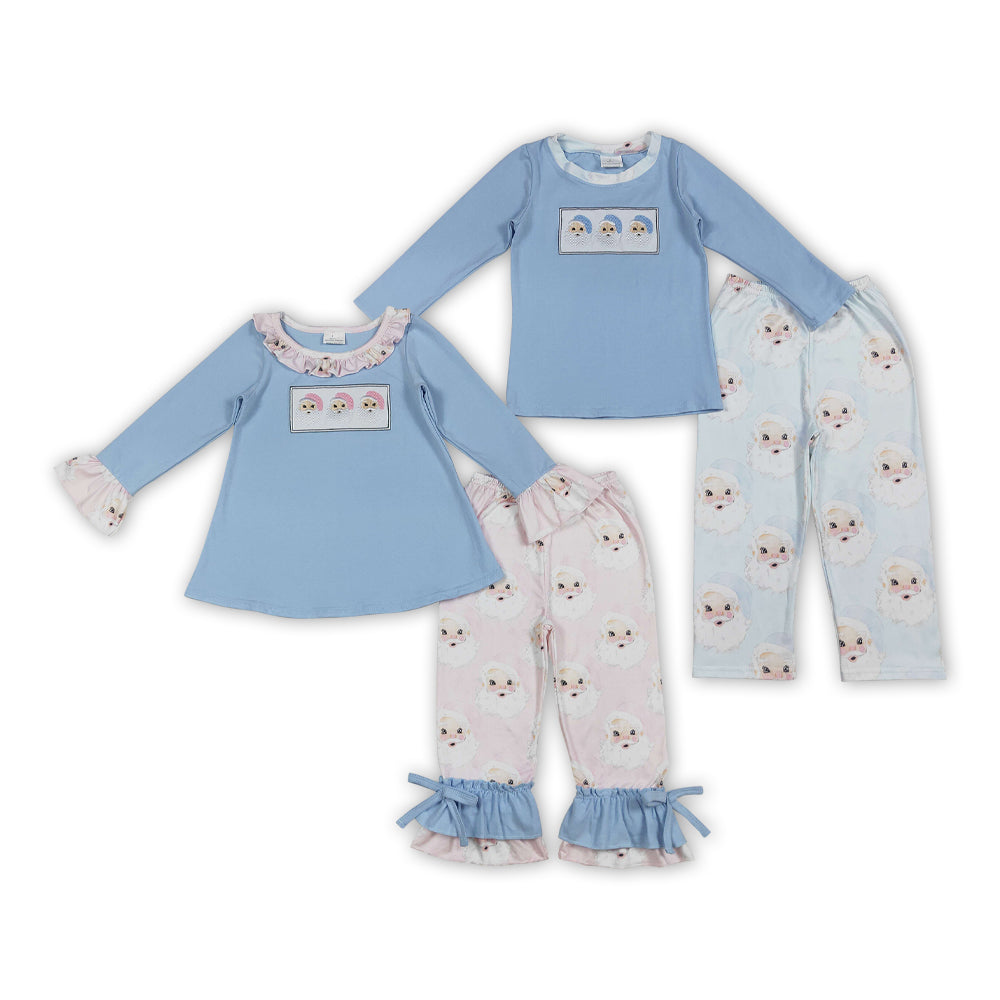 Sibling Toddler Embroidery Christmas Santa Blue Color Pants Outfit