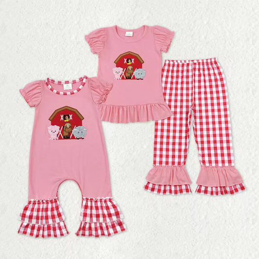 Sibling Baby Girls Embroidery Farm Ruffle Pants Clothes Sets Footie Rompers