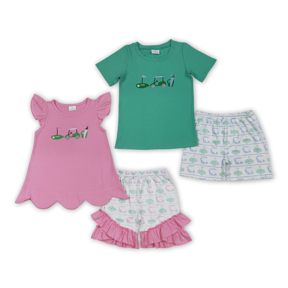 Sibling Summer Clothes Set Embroidery  Golf Top Shorts Outfit