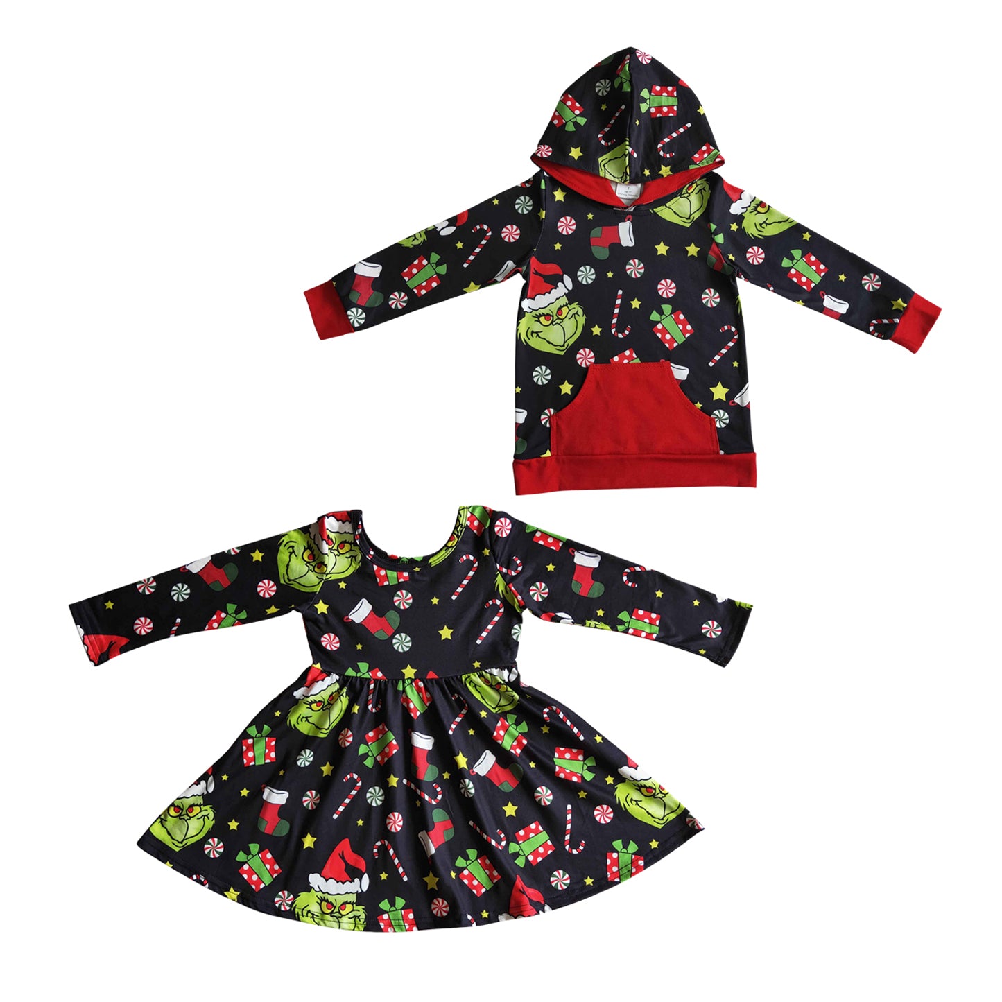 Baby Sibling Christmas Green Cartoon Dress and Top