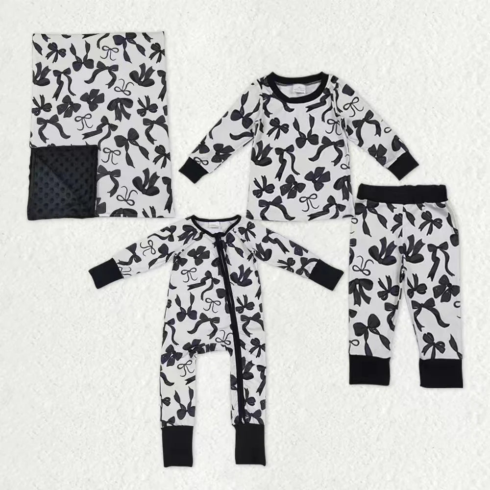 Sibling Girls  Black Bow Pajamas Clothes Set Zipper Romper Blankets