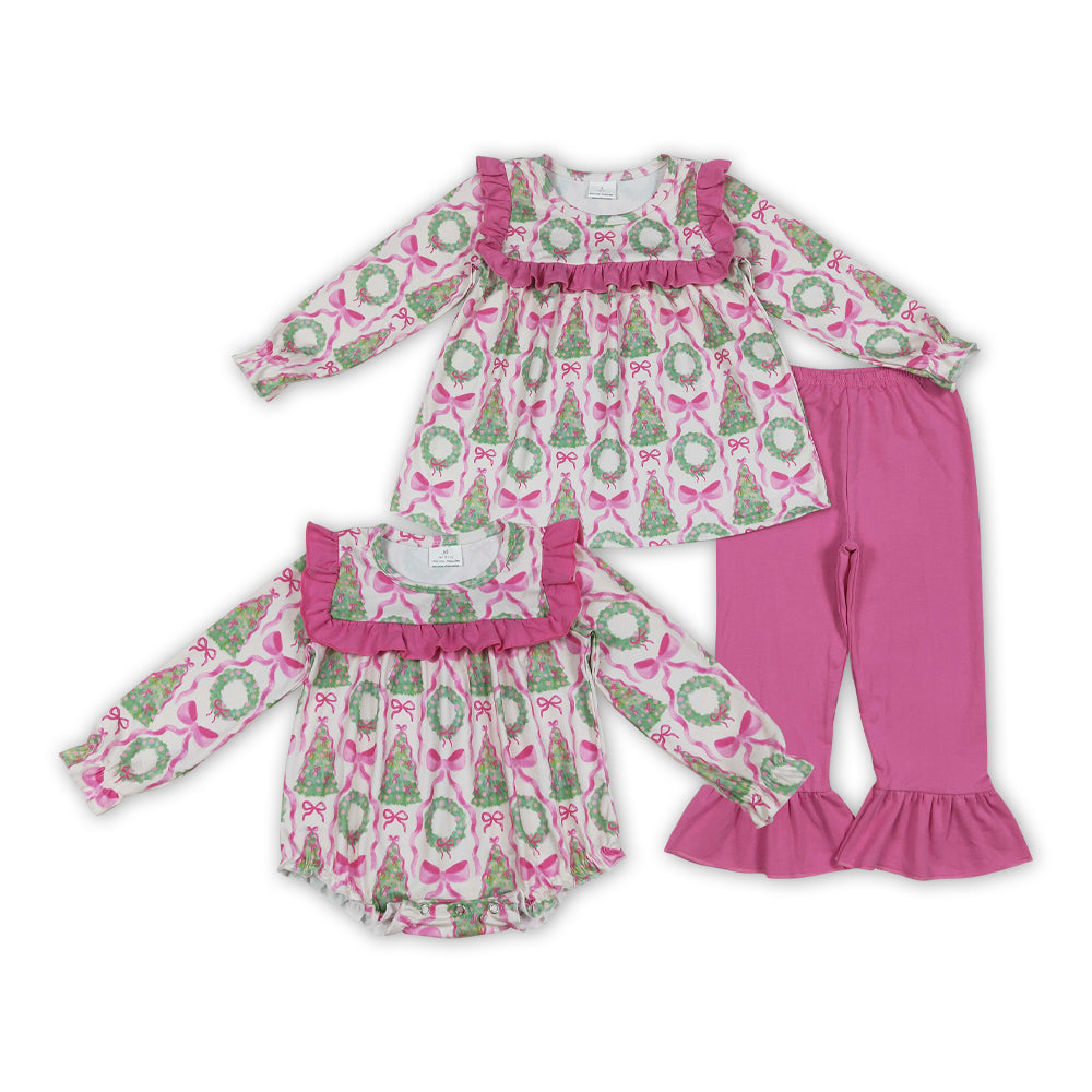 Sibling Baby Girls Christmas Tree Outfit and Romper
