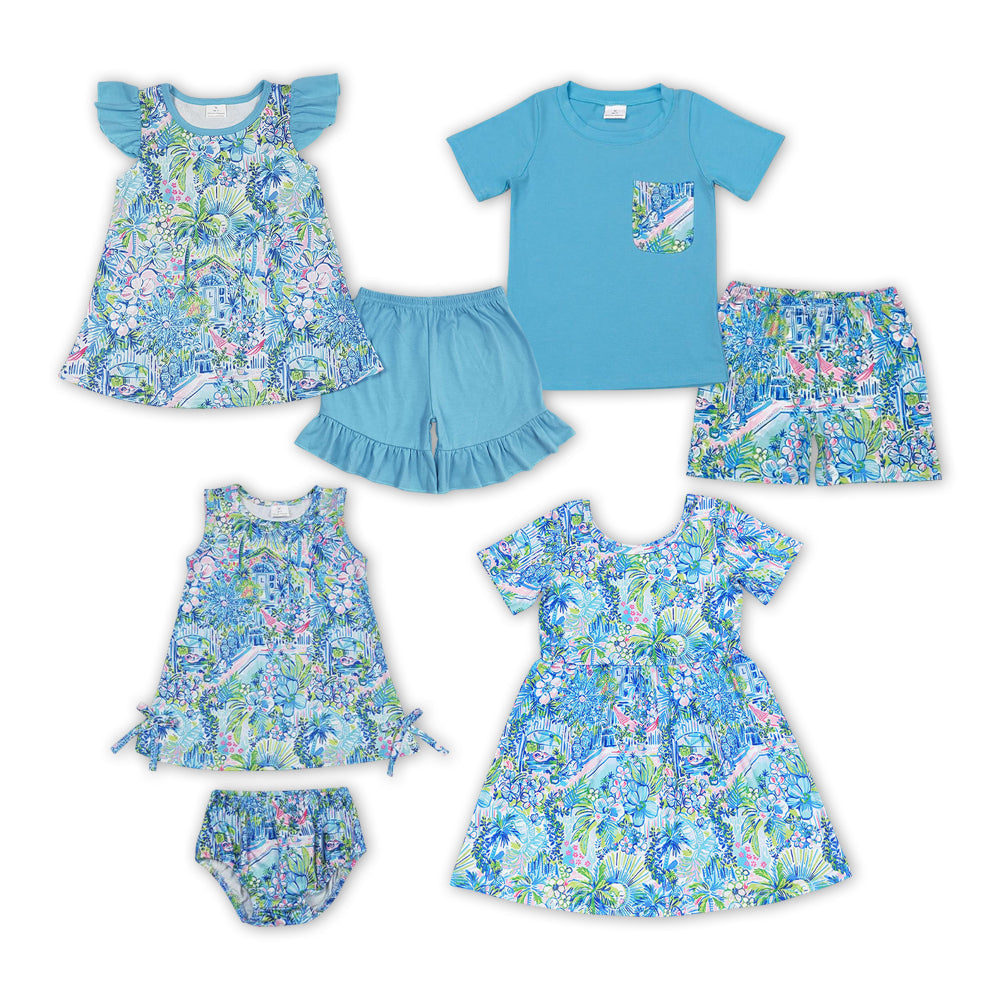 Baby Sibling Summer Blue Floral Outfit and Dress