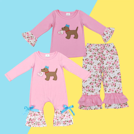 Sibling Baby Girls Valentine's Day Cute Puppy Heart Pants Set/Romper