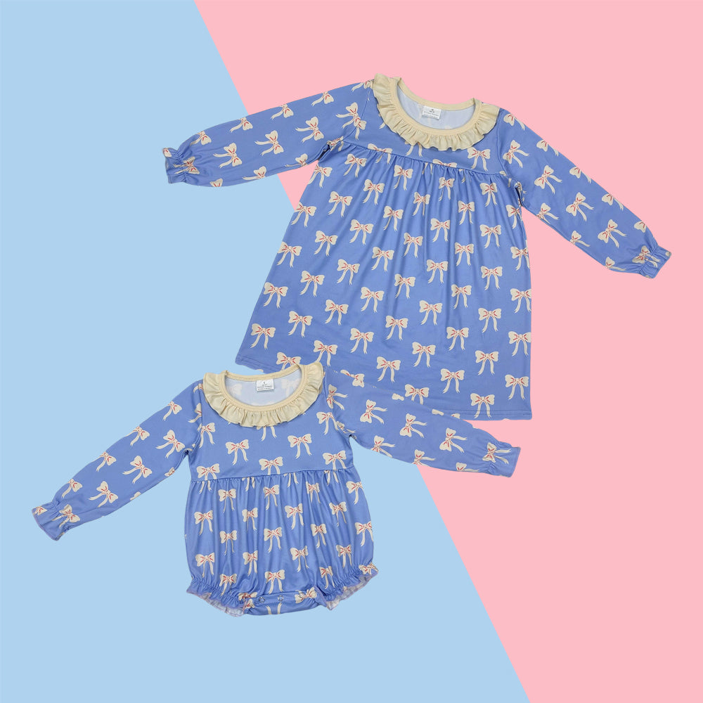 Kids Girls Sibling  Bow Print Long Sleeve Dress +Romper