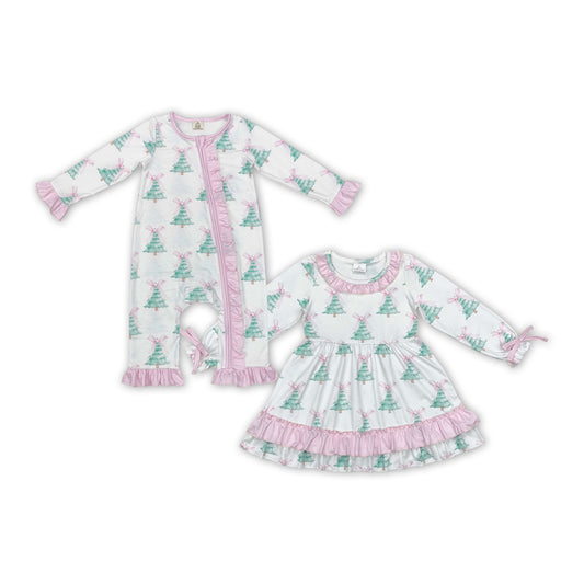 Baby Girls Sister Christmas Tree Pink Ruffler Dress and Romper