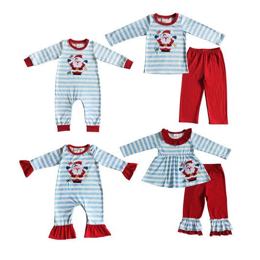 Baby Sibling Christmas Cute Embroidery Santa Blue Striped Outfit and Romper