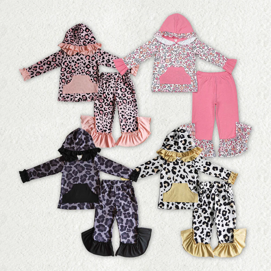 Sibling Baby Girls Leopard Spring Flowers Hooded Top Ruffle Pants Outfit