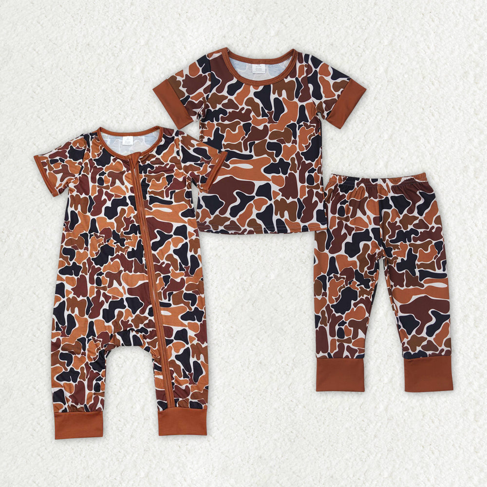 Baby Boys Sibling  Brown Camo Bamboo Pajama Set and Romper