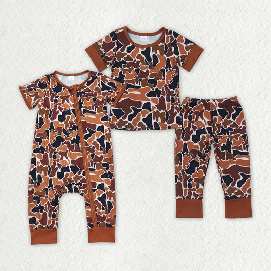 Baby Boys Sibling  Brown Camo Bamboo Pajama Set and Romper