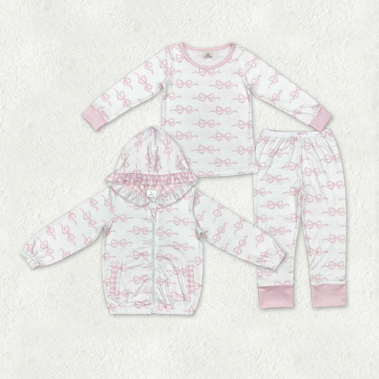 Sibling Baby Girls  Pink Bow Long Sleeve Pajama Set and Hooded Jacket