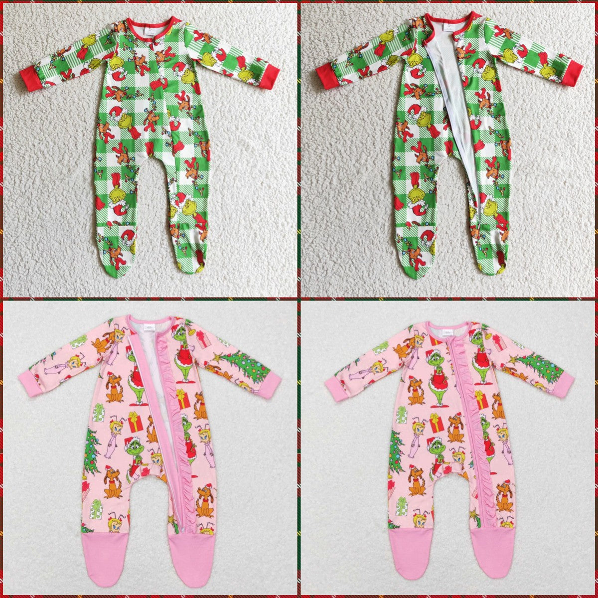 Baby Christmas Green Face Cartoon Footed Zip Romper