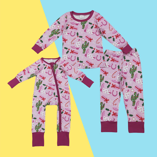 Baby Girls Sibling Western Christmas Boots Holly Pajama Set /Zipper Romper