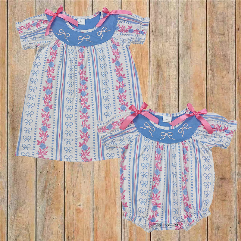Sibling Baby Girls Blue Pink Bows Rompers Dresses