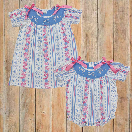 Sibling Baby Girls Blue Pink Bows Rompers Dresses