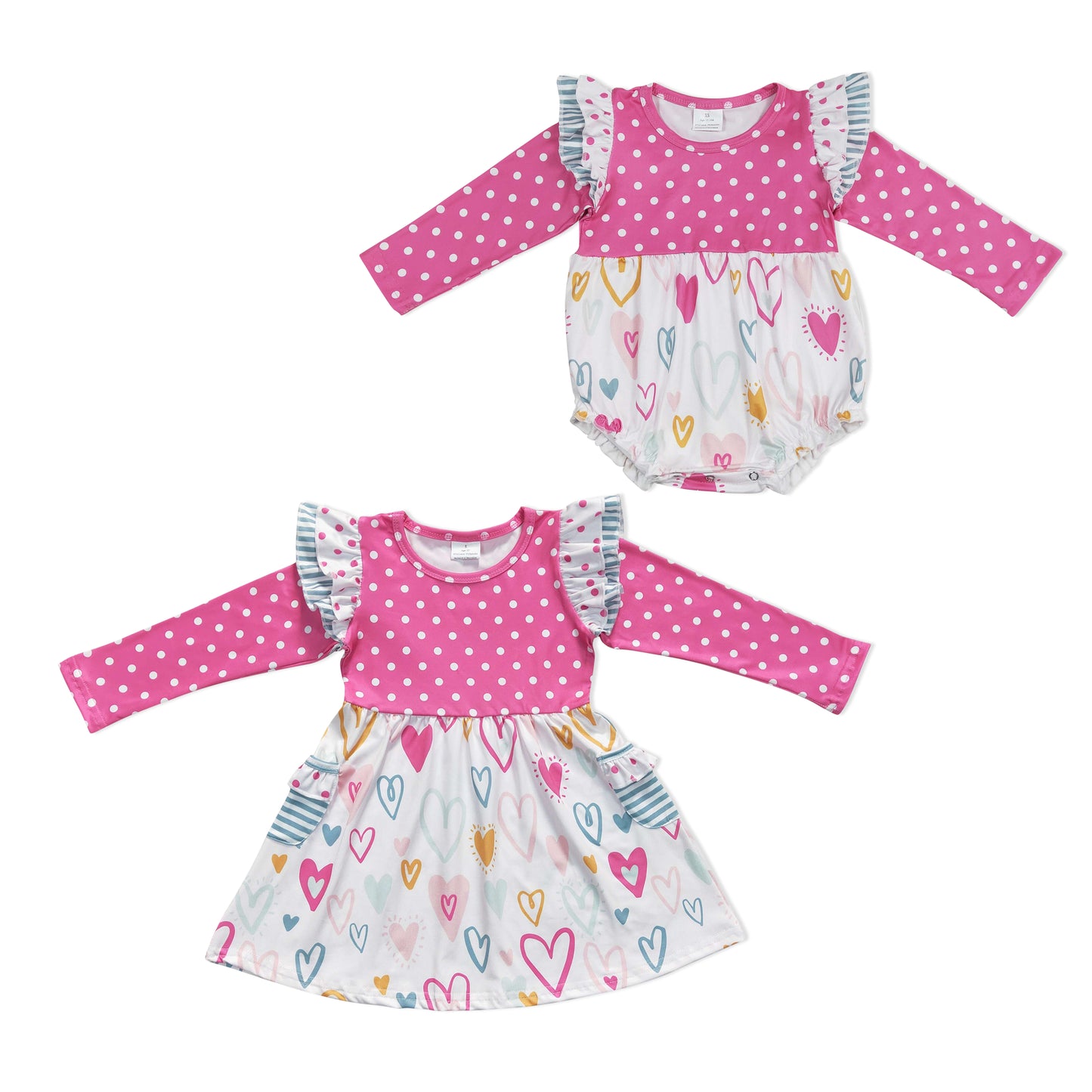 Baby Girls Valentines Pink Dots Long Sleeve Hearts Dress and Romper