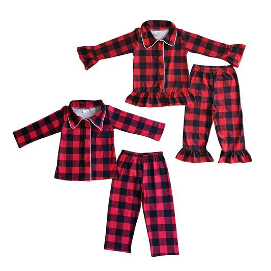 Baby Sibling Christmas Red Black Plaid Pajamas Sets Sleepwear