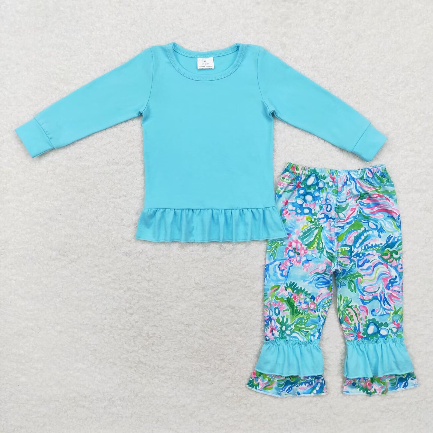 GLP1458 Baby Girls Blue Long Sleeve Top Tropical Pants Outfit