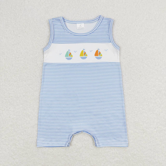 SR1059 Newborn Baby Boys Embroidery Sailboat Sleeveless Romper