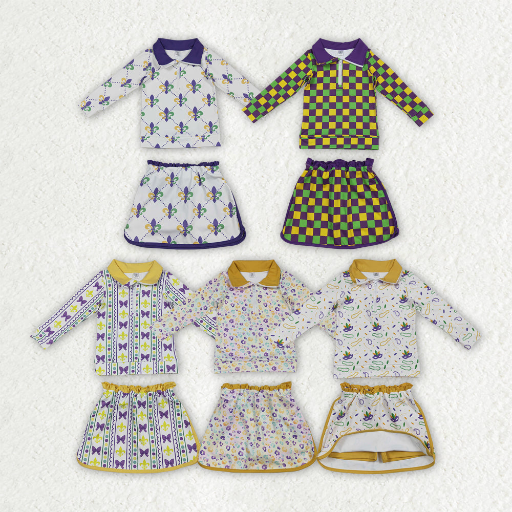 Sibling Baby Girls  Mardi Gras Long Sleeve Pullover Top With Skort Active Set