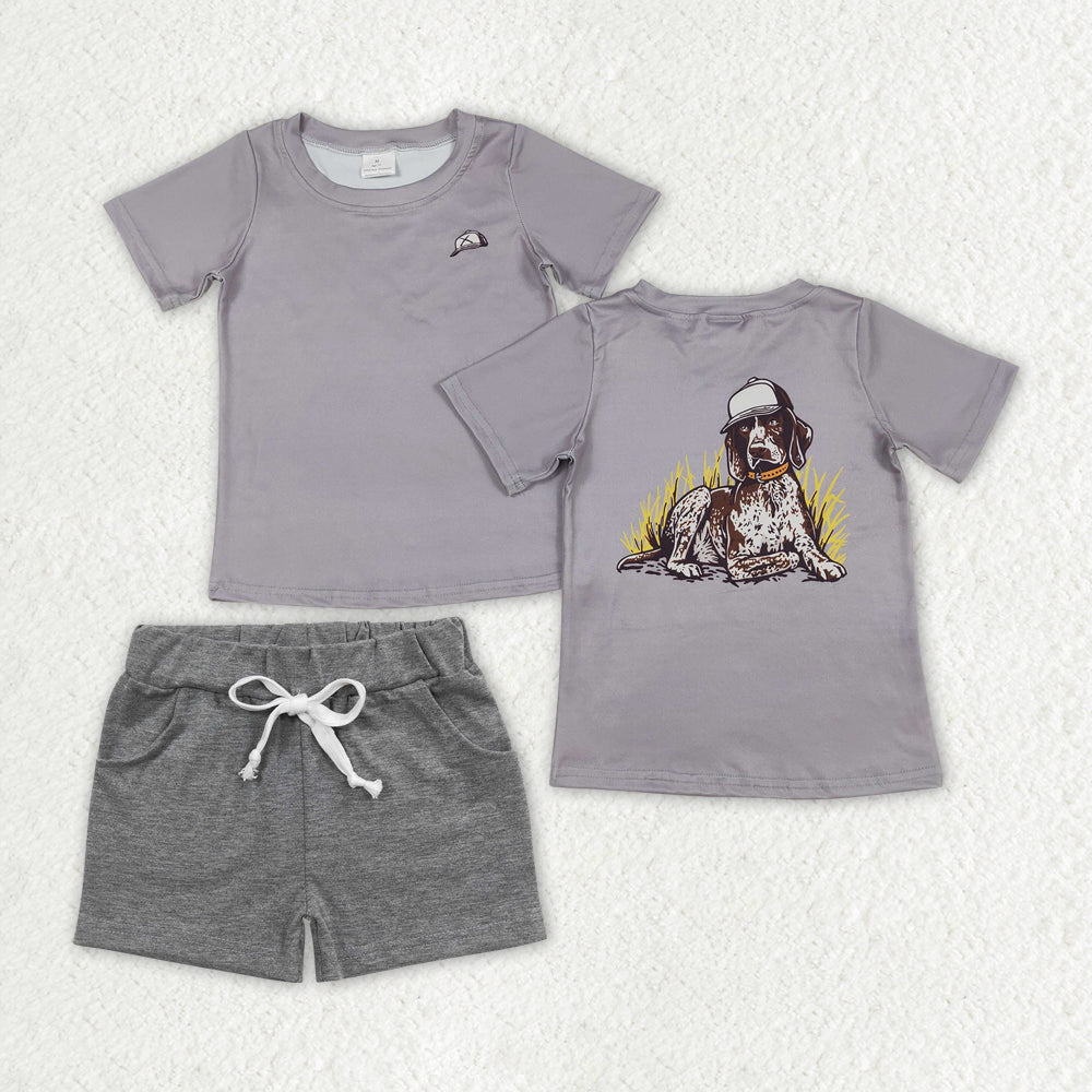 Baby Boys Gray Short Sleeves Dog Print Top Dark Gray Pockets Short Set