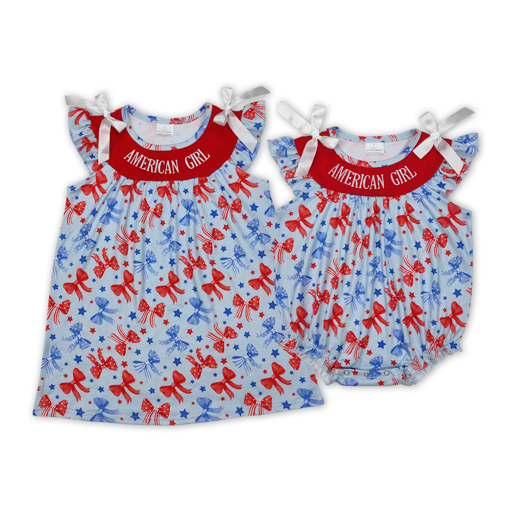July 4th American Girl Embroidery Flag Bow Dress Romper